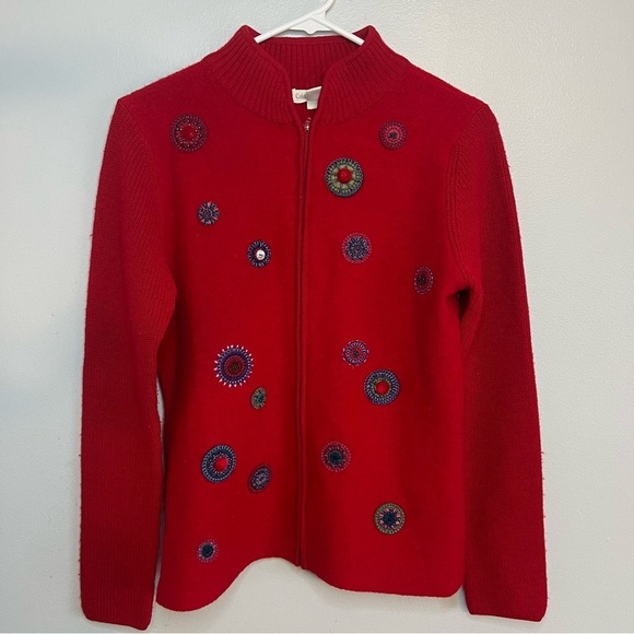Coldwater Creek Womens Red Circle Wool Embroidered Beaded Zip Up Jacket Sz S - Picture 1 of 12